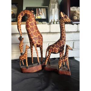 African Hand Carved Wood Giraffe and Baby Sculptures 12.25” and 11.25”